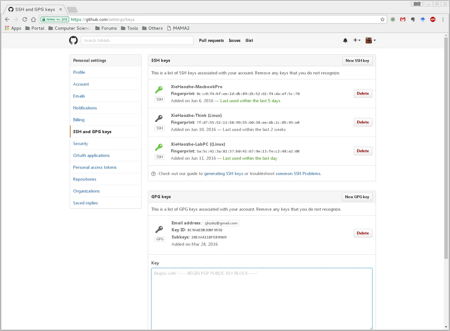 GitHub GPG settings